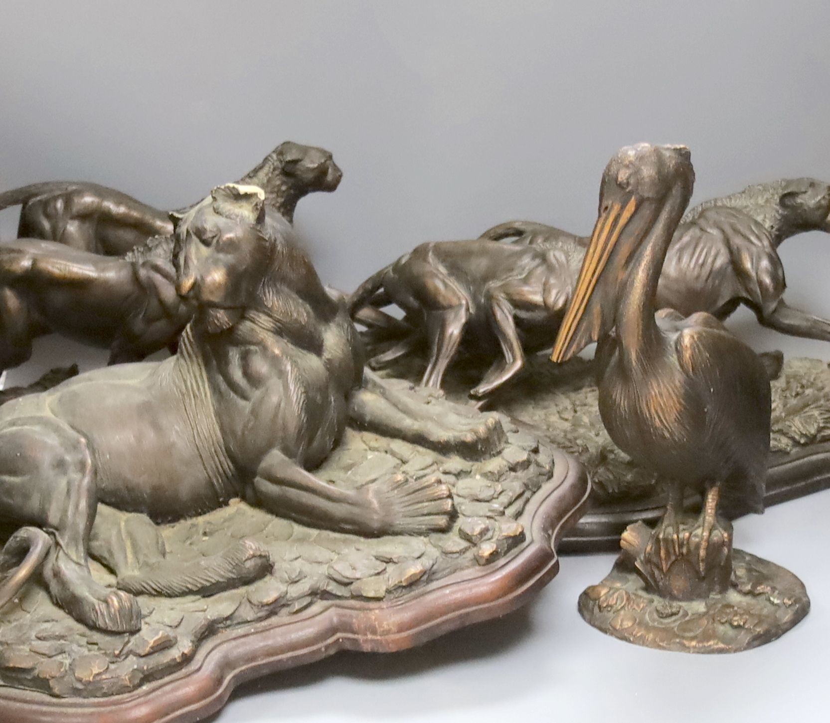 Tim Nicklin, three bronzed resin models of animals, Four cheetahs, 6/10, Pelican, 5/20 and Lioness, 2/10, largest 73cm, all with some degree of damage